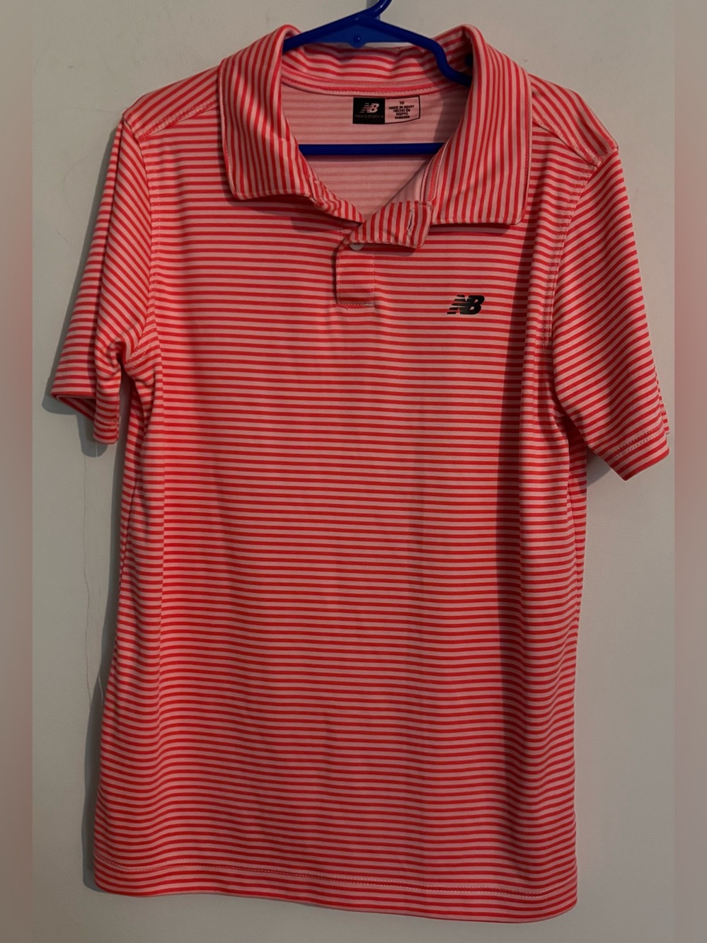 New Balance Boys Sz 10 Coral Pink Stripe Dry Fit Polo Golf Uniform Active Collar